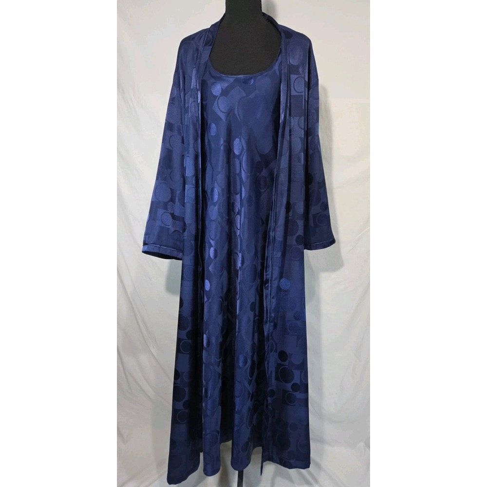 Vtg Oscar de la Renta Pink Label Satin Peignoir Set Navy Geo Robe Nightgown SM